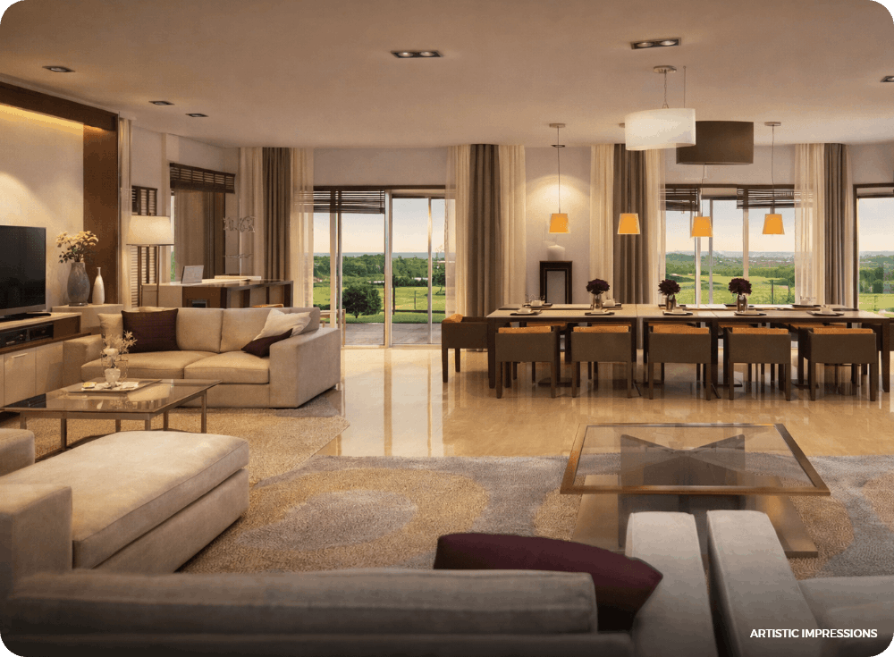 Living room opening to <br> expansive golf views